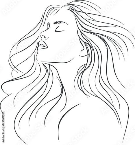 Minimalist line art of a serene woman with flowing hair expressing beauty and elegance. Black on transparent background.