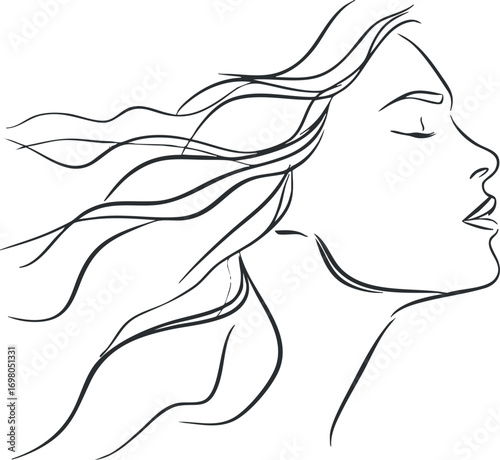 A minimalist line art illustration of a woman's profile with flowing hair conveying beauty and serenity. Black on transparent background.