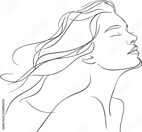 Elegant line art illustration of a woman with flowing hair conveying beauty and serenity. Black on transparent background.