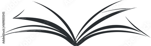 An artistic representation of an open book with flowing pages symbolizing knowledge and reading. Black on transparent background.