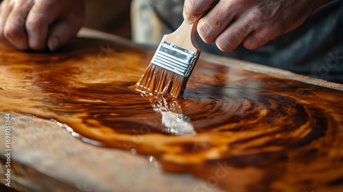 Close-up shows applying glossy varnish on wood surface with a paint brush.