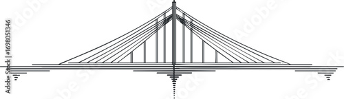 Stylized illustration of a modern suspension bridge showcasing intricate design and architectural elegance. Black on transparent background.