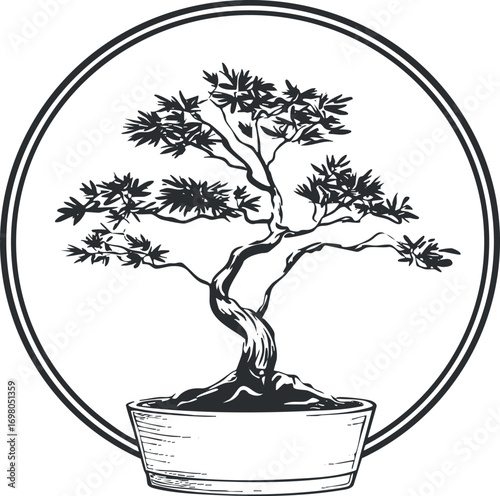 Stylized black and white illustration of a bonsai tree in a decorative pot. Black on transparent background.