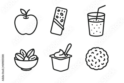 Simple snack icons: apple, granola bar, juice, nuts, yogurt, rice cake illustrations