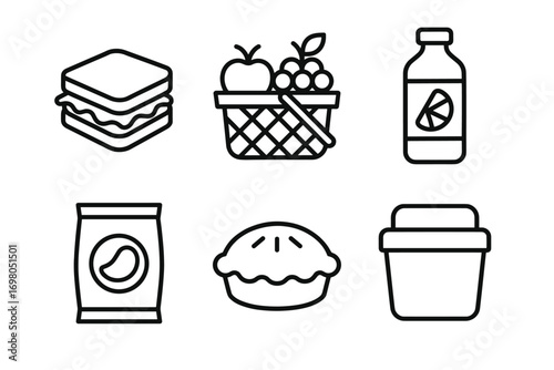 Black and white icons of food: sandwich, basket, bottle, chips, pie, container