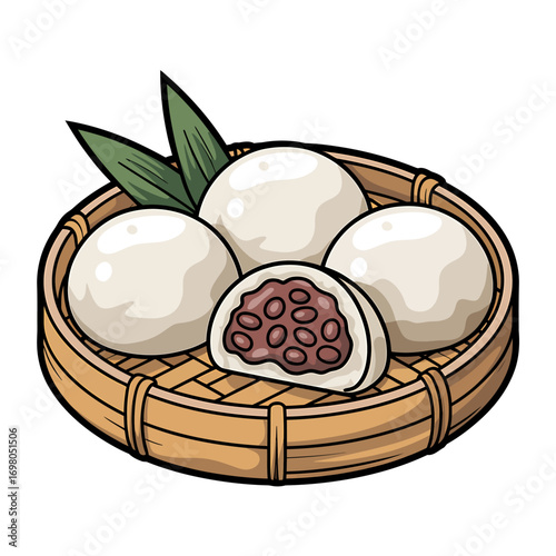 Delicious Traditional Asian Dumplings with Sweet Red Bean Paste Filling Served on Woven Basket