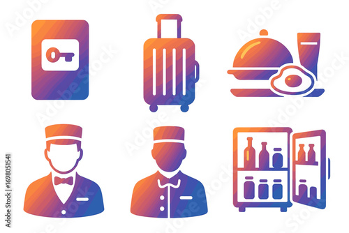 Hotel service icons: luggage, room service, bellhop, mini fridge, key card