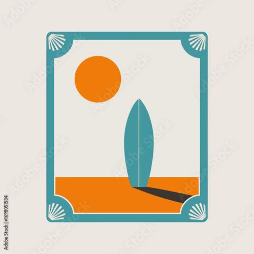 Retro Sunset Beach Scene with a Surfboard Illustration, Evoking Nostalgic Summer Vibes and Coastal Recreation