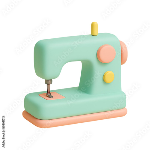 Cute 3d cartoon sewing machine isolated on transparent background