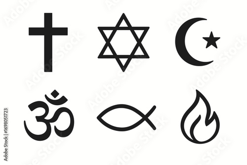 Collection of religious symbols including star and crescent, cross, star of david, om, ichthys, and fire