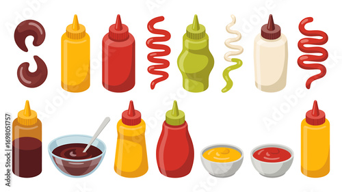 A colorful collection of cartoon sauce bottles and bowls. Set of various condiments like ketchup, mustard, and mayonnaise, isolated vector illustration.