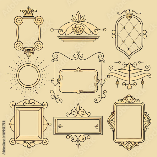 A collection of ornate, vintage-style decorative frames and borders with intricate scrollwork and embellishments, presented on a muted background.