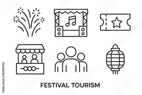 Festival tourism elements: fireworks, stage, ticket, booth, lantern icons
