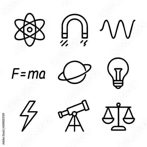 Nine Bold Line Icons Representing Science Concepts.