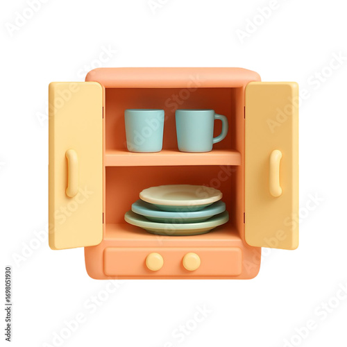 Cute cartoon kitchen cabinet with dishes and cups isolated on transparent background