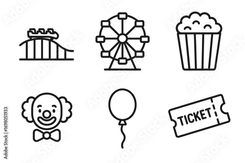 Amusement park icons: ferris wheel, roller coaster, clown, balloon, popcorn, ticket