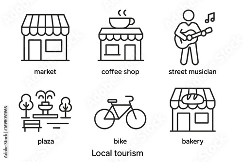 Local tourism icons: market, coffee shop, street musician, plaza, bike, bakery