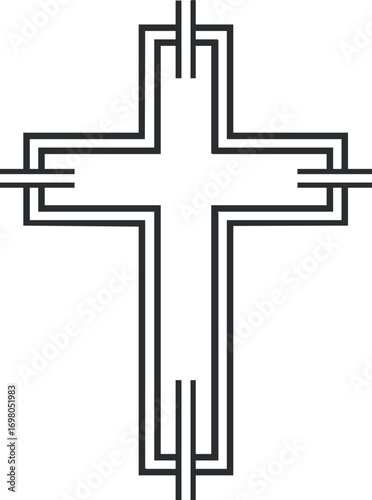 Stylized outline of a cross symbol representing faith and spirituality in a minimalist style. Black on transparent background.