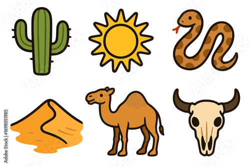 Desert elements: cactus, sun, snake, sand dune, camel, skull icons