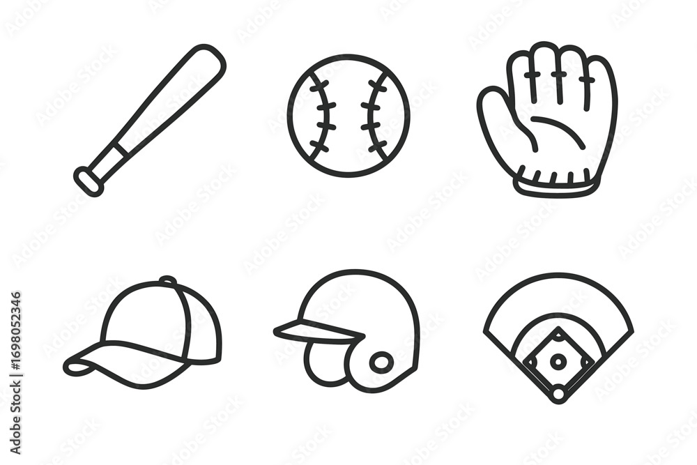 Fototapeta premium Baseball equipment icons: bat, ball, glove, cap, helmet, field