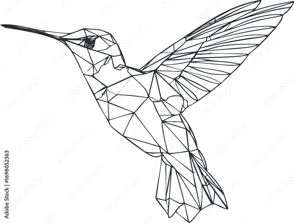Fototapeta premium Stylized geometric illustration of a hummingbird in flight with intricate line details. Black on transparent background.