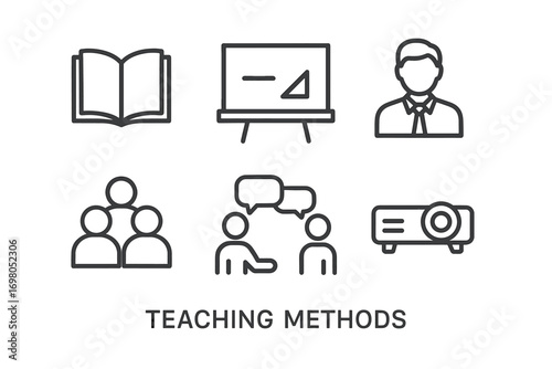 Teaching methods icons: book, board, speaker, group, discussion, projector