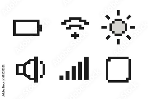 Pixel icons of battery, wifi, sun, speaker, signal, and paper
