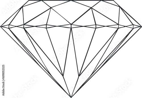 A minimalist outline illustration of a diamond showcasing its elegant and geometric design Black on transparent background.