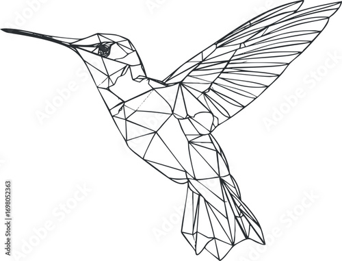 Stylized geometric illustration of a hummingbird in flight with intricate line details. Black on transparent background.