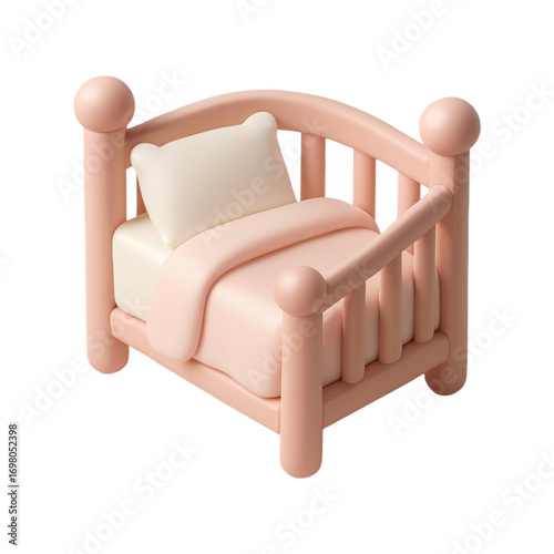 Cute pink baby crib with pillow and blanket isolated on transparent background