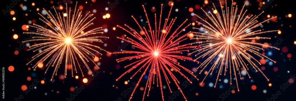 Fototapeta premium fireworks lights on a black background. Christmas and New Year greeting card. 3d illustration