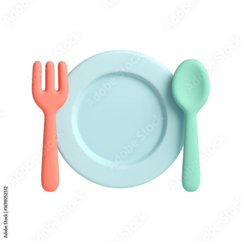 Cute cartoon plate with fork and spoon isolated on transparent background