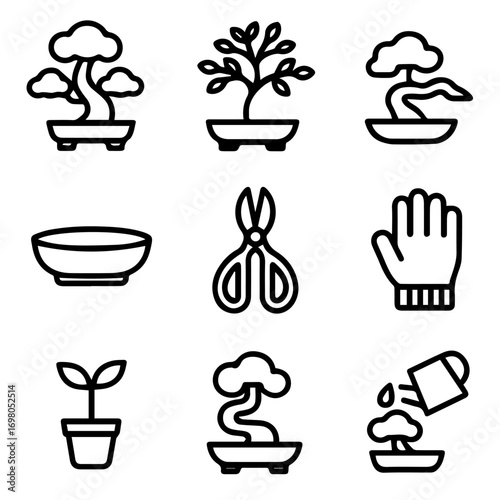 Nine Minimalist Icons Depicting Bonsai Trees Gardening Tools and Related Elements.