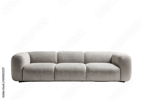 Light beige three-seat sofa with rounded, cushioned arms