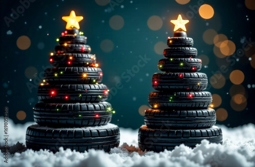 Christmas tree made of car tires on a blurry background with yellow lights. Christmas greeting card from a car repair shop. free space for text