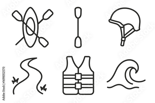 Kayaking essentials line icons: paddle, helmet, river, life vest, wave