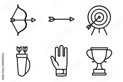 Archery equipment icons: bow, arrow, target, quiver, glove, trophy