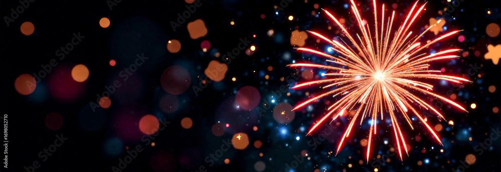 Fototapeta premium fireworks lights on a black background. Christmas and New Year greeting card. 3d illustration