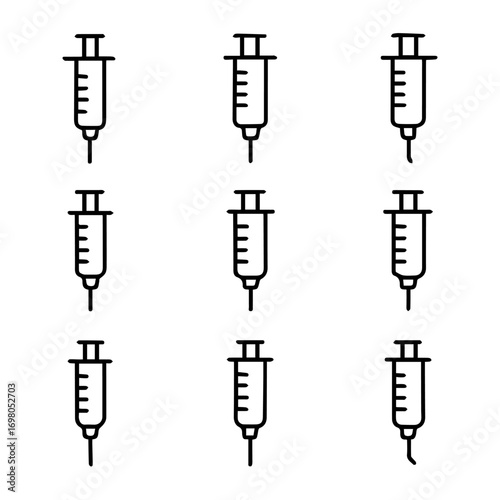 Nine Syringe Icons with Black Outline and Varying Needle Angles.