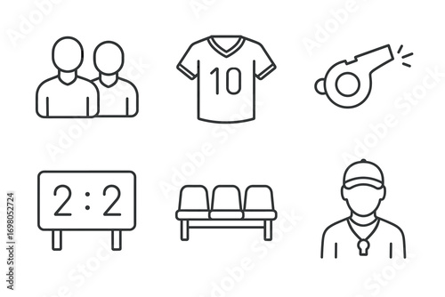 Outline icons of soccer elements: jersey, whistle, scoreboard, coach, bench