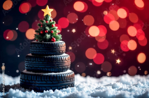 Christmas tree made of car tires on a blurry background with yellow lights. Christmas greeting card from a car repair shop. free space for text