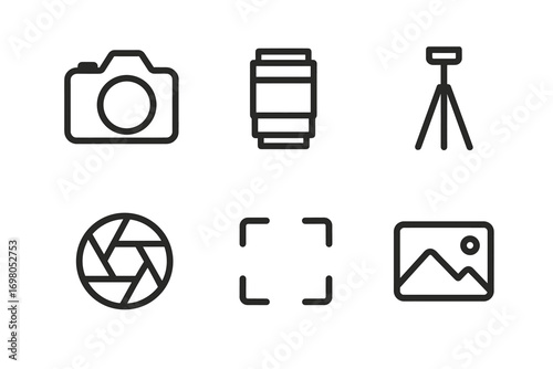Simple camera icons set featuring lens, tripod, and shutter symbols