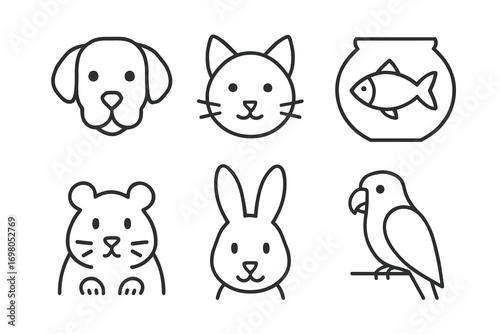 Simple line drawings of pets: dog, cat, fish, hamster, rabbit, parrot