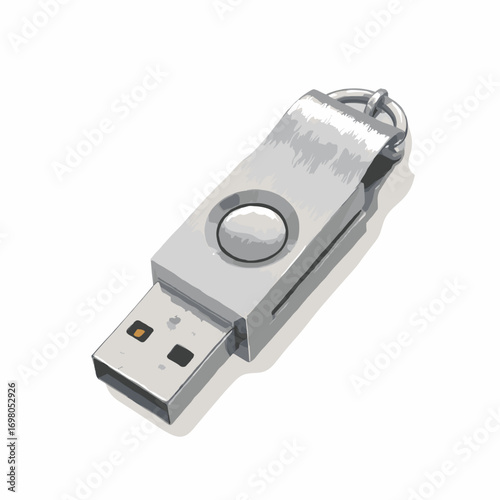 USB flash drive — metal swivel cap, brushed texture, keyring hole and connector visible, white background
