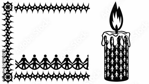 Illustration of a single candle with wax drips next to a pattern of repeating candle like shapes design silhouette