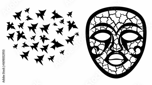Black and white illustration of birds flying from a tree branch next to a tribal mask with shapes silhouette
