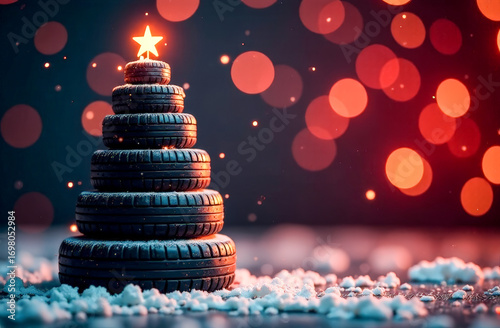 Christmas tree made of car tires on a blurry background with yellow lights. Christmas greeting card from a car repair shop. free space for text