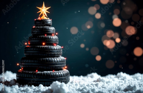 Christmas tree made of car tires on a blurry background with yellow lights. Christmas greeting card from a car repair shop. free space for text