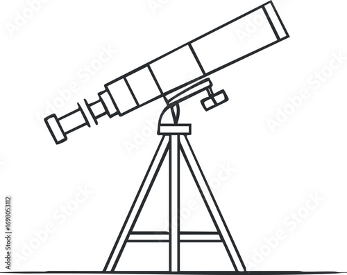 Illustration of a telescope on a tripod used for astronomy and star gazing. Black on transparent background.