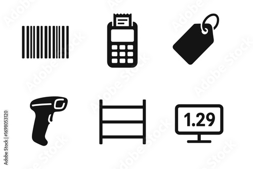 Retail technology icons: barcode, payment terminal, price tag, scanner, shelf, price display